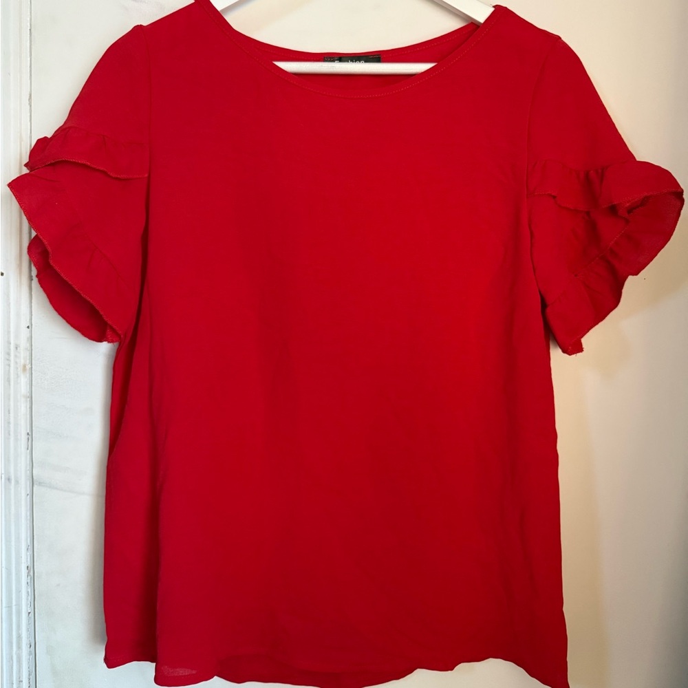 Red Ruffled Short Sleeved Blouse